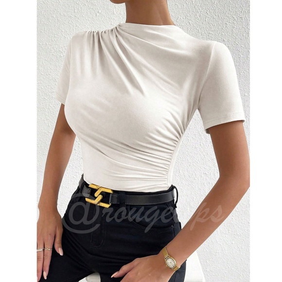 Ruched White Asymmetrical Short Sleeve Bodysuit  Stretchy - Picture 6 of 10